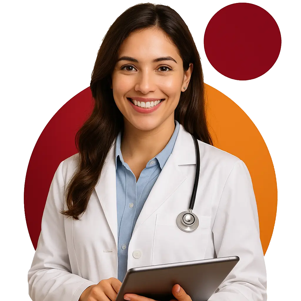 Mujer doctora usando laptop para gestionar facturas electrónicas del sector salud