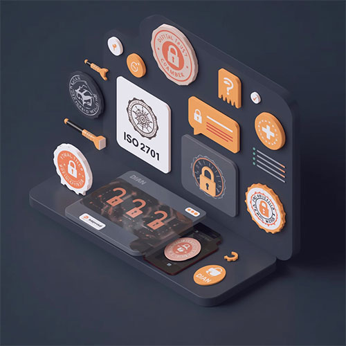 Certificados ISO 27001, logos DIAN y Cámara de Comercio en dashboard 3D isométrico, fondo oscuro