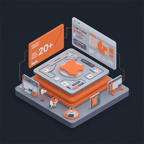 Panel digital 3D con trayectoria de más de 20 años, mapa de Colombia y módulos de software corporativo