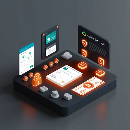 Dashboard 3D con integración DIAN, íconos de transmisión segura y documentos fiscales validados
